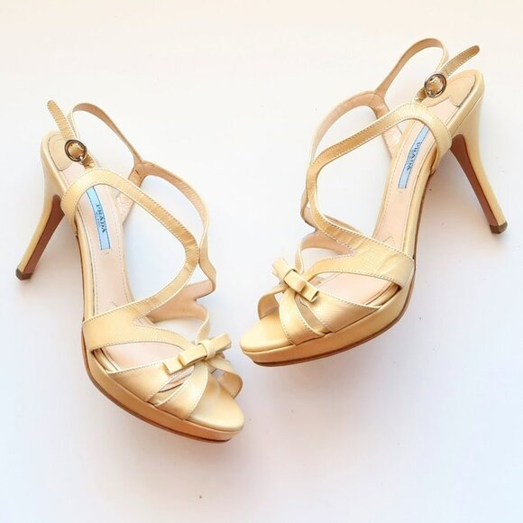 Prada Pale Yellow Patent Leather Strappy Platform Heels Sandals w Bow Size 7.5 - Picture 2 of 16